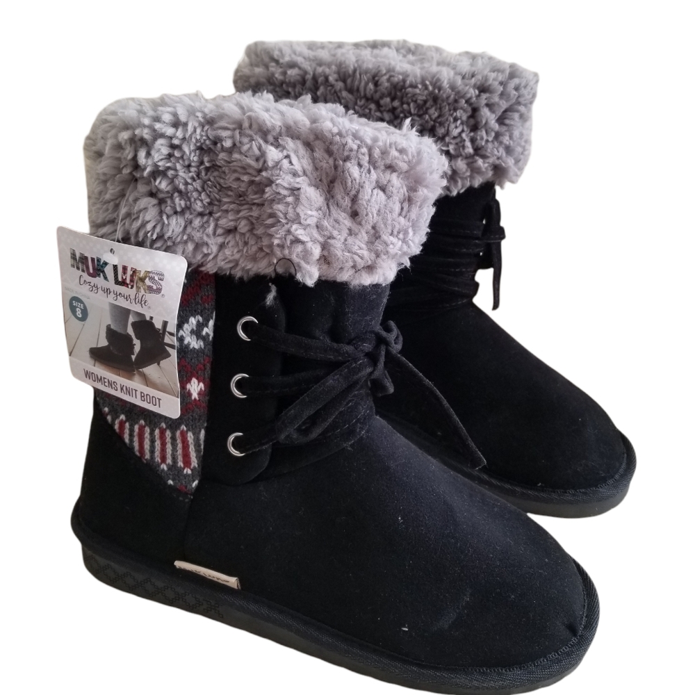 Muk Luks Women's Melba Faux Fur Lined Lace Up Bootie Black - Size 8